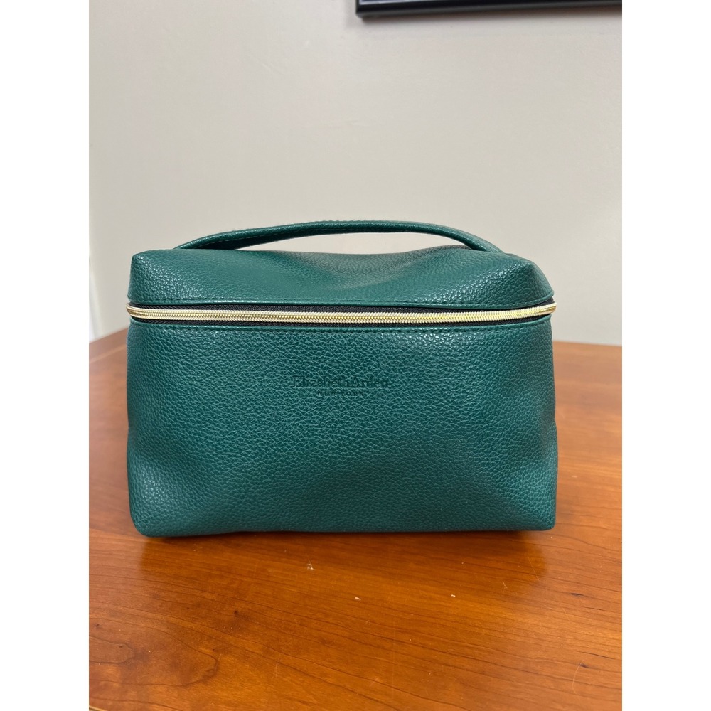Elizabeth Arden Green Pebbled Makeup Bag Travel Vanity Case Gold Zipper